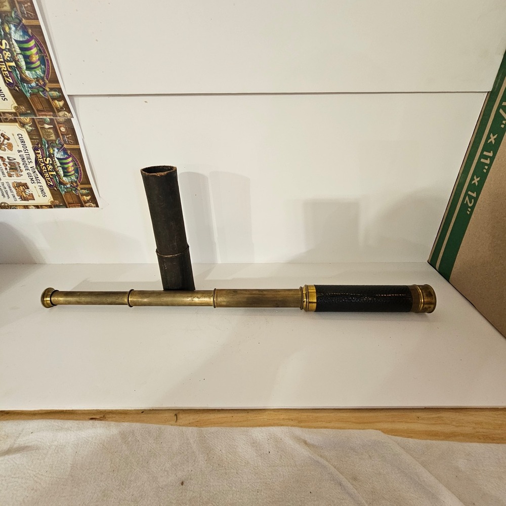 Antique French Brass 3-Draw Spyglass Telescope with Leather Grip and Case